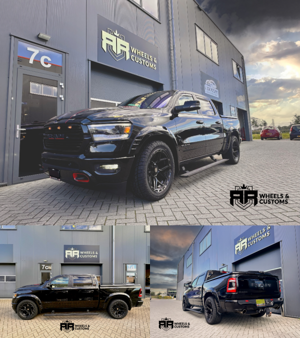  Deze Dodge Ram Night Edition hebben wij voorzien van nieuwe 4Play 4P55 Gloss Black 6x135 6x139.7 22inch 10J ET -18 incl.Offroad Radar Renegade 33X12.5 22 inch banden.