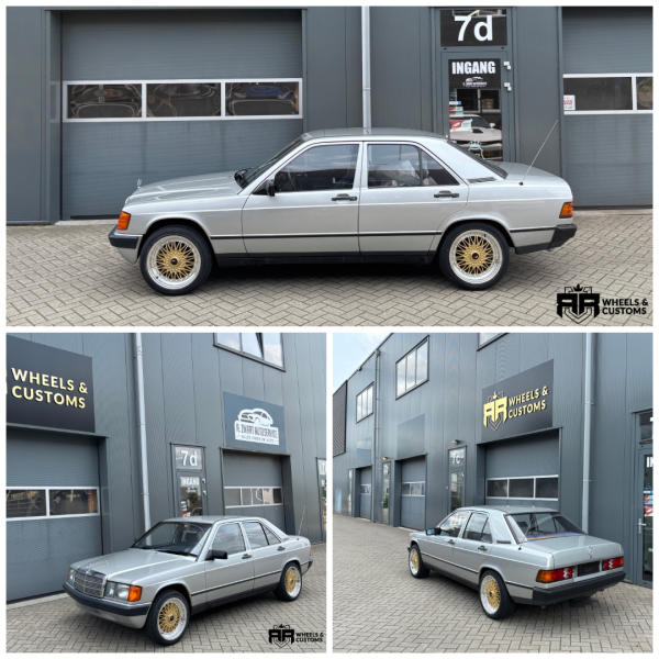 Mercedes 190E voorzien van Japan Racing JR9 17x7.5 ET35 5x112 & 5x120 Gold Machined Lip met 4x Hankook 215 45 17