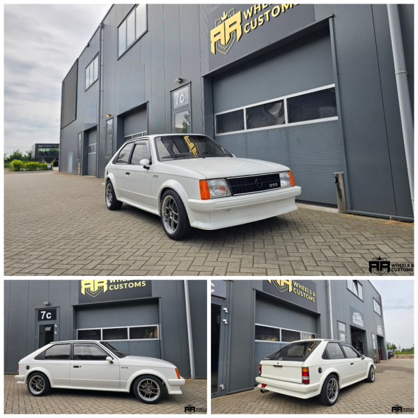 Opel Kadett D voorzien van JF Luxury - D193 - Hyper Black Machined Lipâ  15 inch ET 35 7J en 195 50 15 Vredestein banden