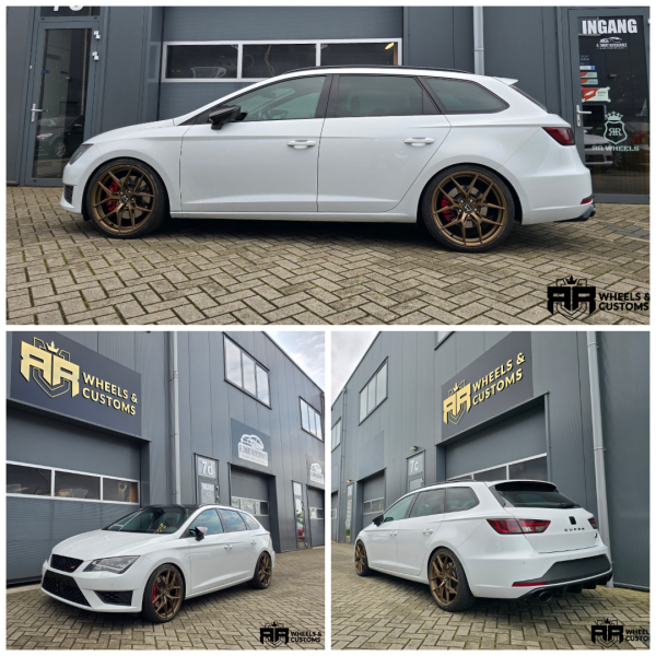 Seat Leon Cupra voorzien van Motec Ultralight mat bronze 19 inch 8.5J ET43 en H&R verlagingsveren