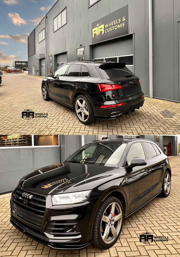 Wij hebben deze dikke Audi SQ5 voorzien van een complete Maxton Design kit,geleverd in Gloss Black Spoiler Cap Audi SQ5 Mk1 8R FRONT SPLITTER Audi SQ5/Q5 S-line MkII / Bumper Lip Side Skirts Gloss Bla